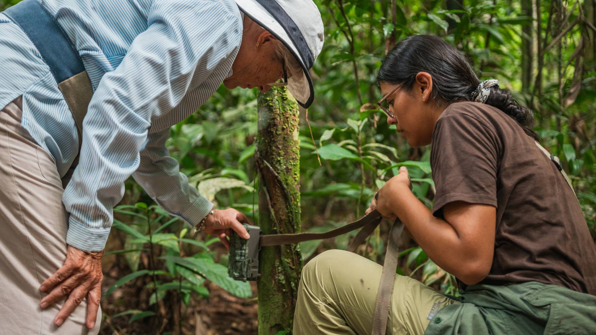 Aracely Meza setting camera trap with guest